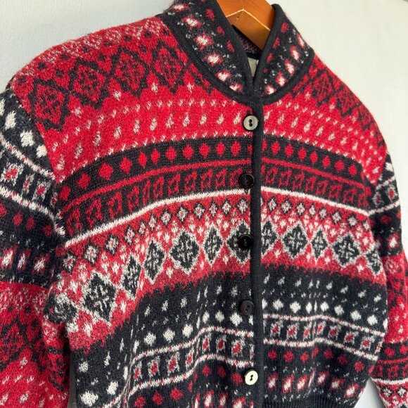 90s Vintage Dana Buchman Wool Mohair Blend Black Red Nordic Crop Cardigan Size M - Picture 3 of 15